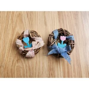 Lot of 2 Rustic Twig Wreath Flower Magnets Farmhouse Country Spring Decor